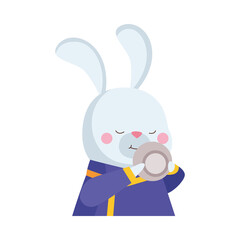 rabbit cartoon with traditional cloth and tea cup vector design