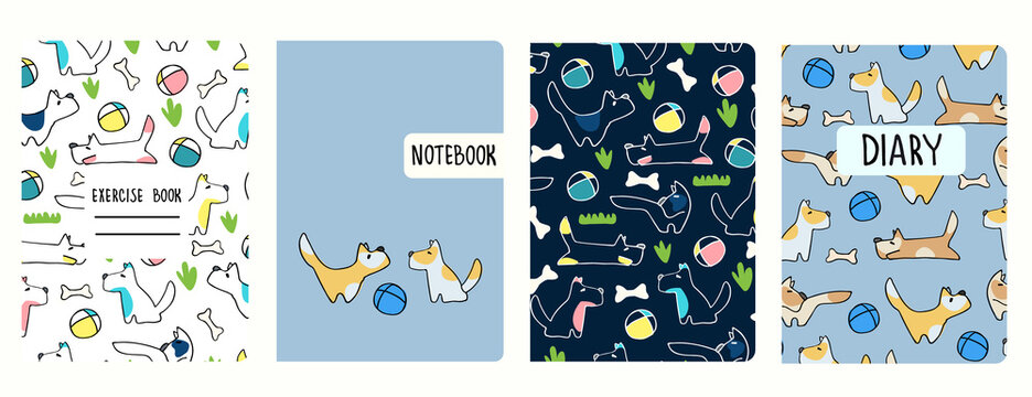 Set of cover page vector templates based on seamless patterns with doggies. Perfect for school exercise books, notebooks, kids diaries
