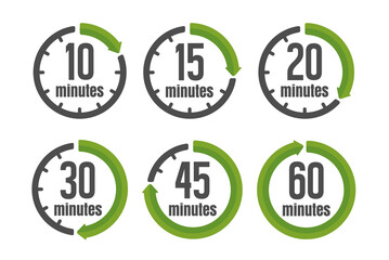 Clock , timer (time passage) color icon set ( form 10 minutes to 60 minutes).