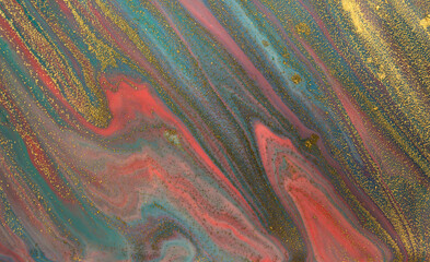 Marbled blue, pink and white abstract wave background with golden layers.