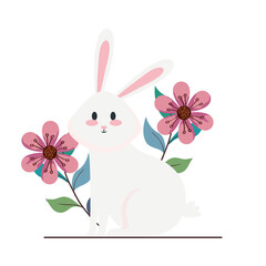 Cute white rabbit cartoon with flowers and leaves design, Animal life nature and character theme Vector illustration