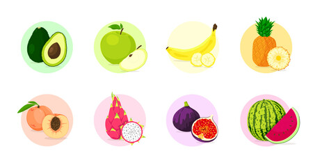 Fruit collection. Flat illustrations set. Tropical ingredients. Graphic design elements.