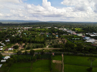 Top view Rural village landscape. at phusing sisaket thailand.