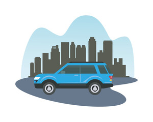 blue car in front of city buildings vector design