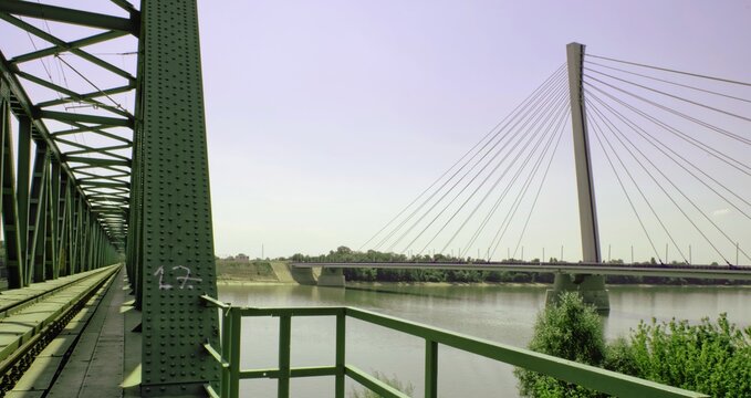 Old bridge over the river Danube in the town of Kom&aacute;rno / Slovakia /. The bridge is next to a new bridge to neighboring Hungary.