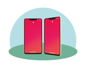 Isolated two 3d smartphones with red wallpaper vector design