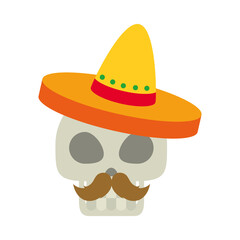 mexican skull with mustache and hat, flat style