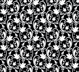 Seamless black background with white pattern in baroque style. Vector retro illustration. Ideal for printing on fabric or paper for wallpapers, textile, wrapping. 