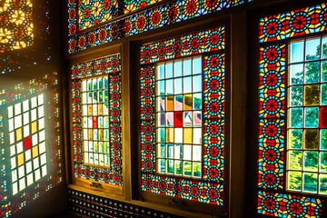Sunlight through the stained glass window in the Palace of Shaki Khans, Azerbaijan. Vibrant spots on the wall in a pattern.