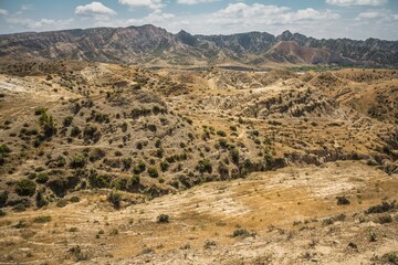 Panoramic view of the desert mountains in Azerbaijan against cloudy sky.