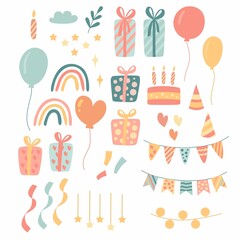 Vector set of bright holiday elements: balloons, gifts, confetti and ribbons, cake and candles, flags and caps, stars in pink, blue and yellow.