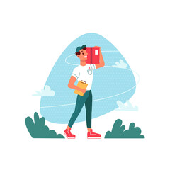 Delivery courier on feet delivering parcel order, vector flat cartoon isolated. Courier man or express delivery boy with parcel on foot delivering restaurant food or online store and shop order