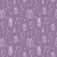 Seamless vector pattern with white holiday elements on a purple background: gifts, balloons and stars.