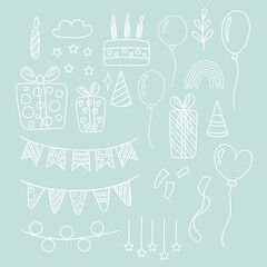 A set of white contour holiday elements: balloons, caps, garlands, cake, gifts, confetti and ribbons, candles. Vector illustration for creating patterns.
