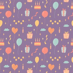 Bright seamless pattern of gifts, balloons, garlands and candles and ribbons on a purple background. Vector for decorating children's holidays, gift packaging and postcards.