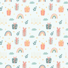 Seamless pattern of gifts, rainbows, stars and plant elements. Colorful repeating vector for children's holidays on a blue background
