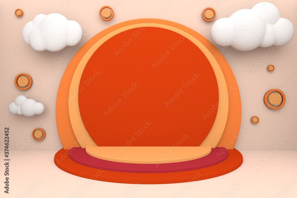 Poster red sun showcase stage with pile of fire round shape minimal podium display background.3d illustrati