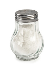 Salt shaker isolated on white background. Salt in glass bottle.