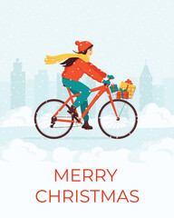 Fototapeta na wymiar Young happy woman rides a bicycle in a snowy city park with gifts in a basket in winter. Concept for cute Christmas card, invitation, poster. New Year's Holidays. Cartoon vector illustration