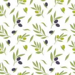 Seamless vector pattern with green and purple olives on a white background.