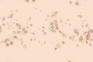 Confetti colorful puzzle shiny balls falling on soft pastel background.