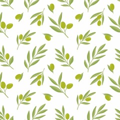 Seamless pattern of olive branches in vector on a white background in green.