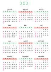 Simple calendar 2021 year at glance