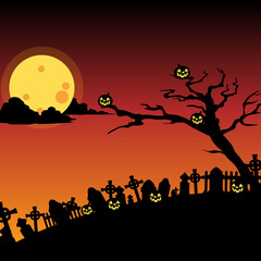 Fototapeta na wymiar Halloween background with tombstone, pumpkin, haunted house and full moon. Flyer or invitation template for Halloween party. silhouette Vector illustration.
