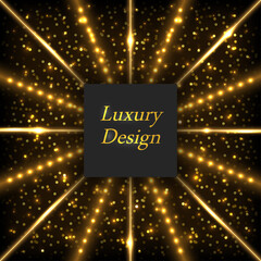 Gold glowing luxury background. Shiny lines with neon light effect and LED rays, shimmering sparkles and stardust. Modern geometric design, vector illustration