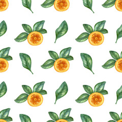 Watercolor seamless pattern with kumquat and leaf on the light background. Bright cartoon hand-painted illustration.