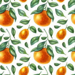 Watercolor seamless pattern with orange, kumquat and leaf on the light background. Bright cartoon hand-painted illustration.