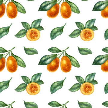 Watercolor seamless pattern with kumquat and leaf on the light background. Bright cartoon hand-painted illustration.