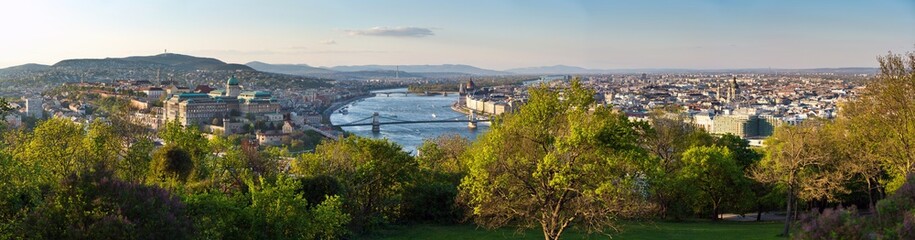 Fototapeta premium Great panorama view of Danube river, Elizabeth Bridge and Pest part of the city from Gellert hill. Budapest, Hungary..