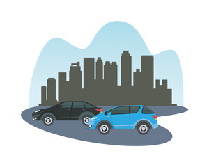 blue and black cars in front of city buildings vector design
