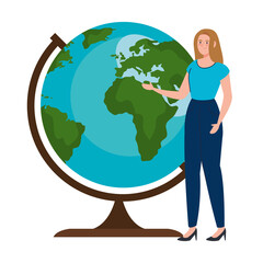 School woman teacher in front of world sphere design, Education class lesson and knowledge theme Vector illustration