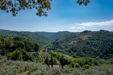 Tuscany sunny landscape. Typical for the region tuscan farm house, hills, vineyard. Italy