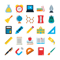 chemical flask and school icon set, flat style