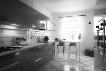 My cute kitchen - black and white 3d visualization