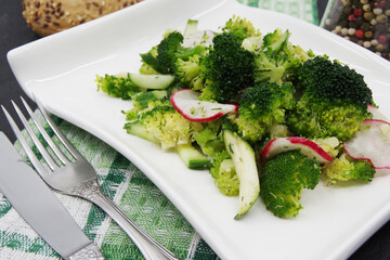 Broccoli, cucumber and radish salad. Close up