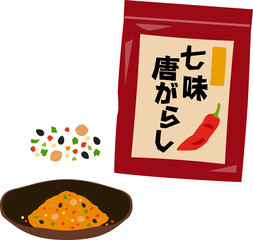 袋入りの七味唐辛子と皿に盛った七味唐辛子