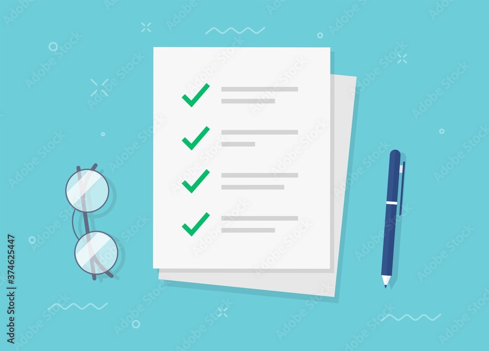 Poster to do task form check list checkmarks as paper sheet on working desk vector flat lay, completed thin