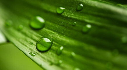 Macro dew drops of transparent rain water on green leaf. Beautiful natural background