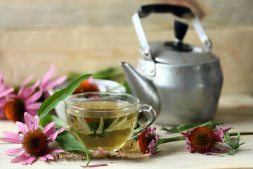 Echinacea tea cup. Echinacea flowers and leaves. Brewing tea with echinacea.