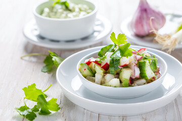 Radish salad with cucumber and onion with delicious avocado dip