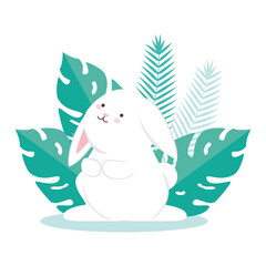 Cute white rabbit cartoon with leaves design, Animal life nature and character theme Vector illustration
