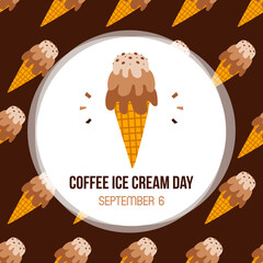 Coffee Ice Cream Day vector card, illustration with cartoon style layered ice cream cones seamless pattern background.