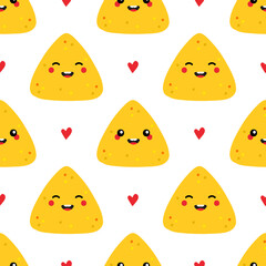 Cute smiling nachos, tortilla chips characters and red hearts vector seamless pattern background for nachos day celebration, mexican food design.