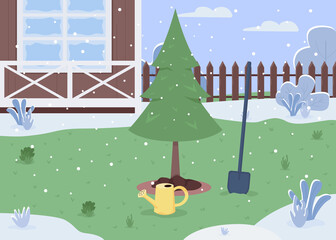 Winter backyard semi flat vector illustration. Planted tree for cultivation. Seasonal scenery. Christmas pine tree for decoration. House yard 2D cartoon landscape for commercial use