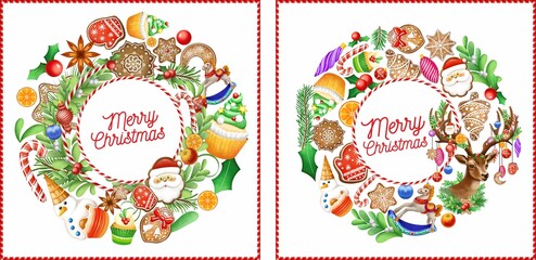 Fototapeta na wymiar Christmas illustration. Christmas card. Christmas banners and greeting cards. Christmas toys, gingerbread, Christmas tree, snowman, Santa Claus.