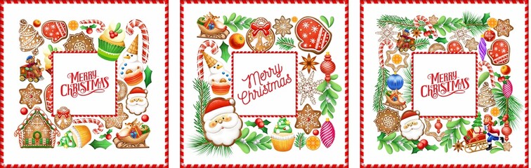 Fototapeta na wymiar Christmas illustration. Christmas card. Christmas banners and greeting cards. Christmas toys, gingerbread, Christmas tree, snowman, Santa Claus.